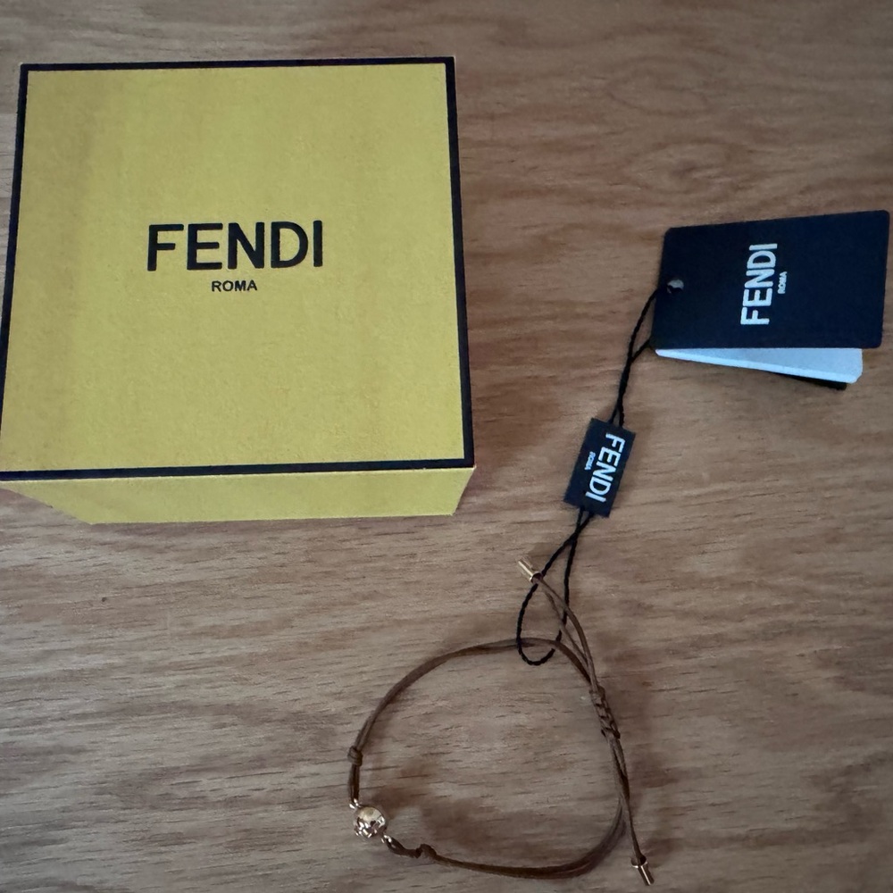 Fendi Sphera Bracelet: Brown Leather and Gold Sphere With Crystal, NEW IN BOX